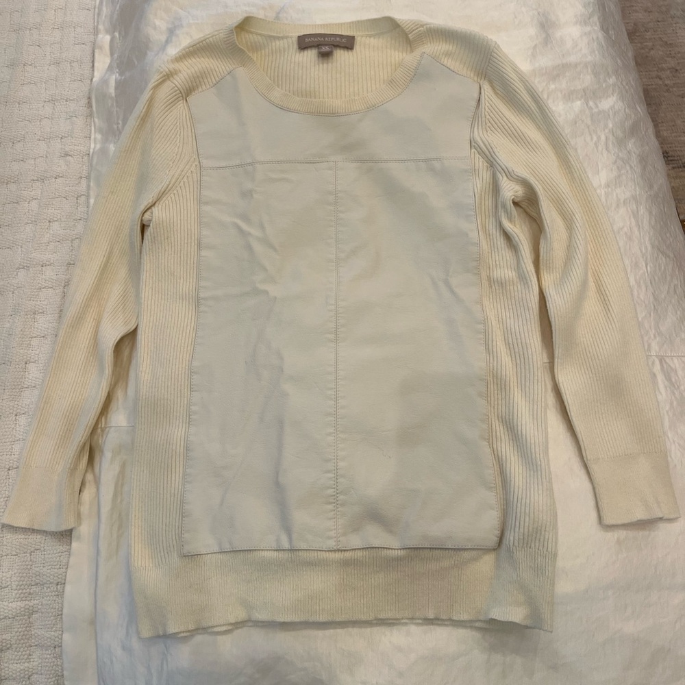 Banana Republic Women's Cream Crew Neck Sweater with Leather Panel